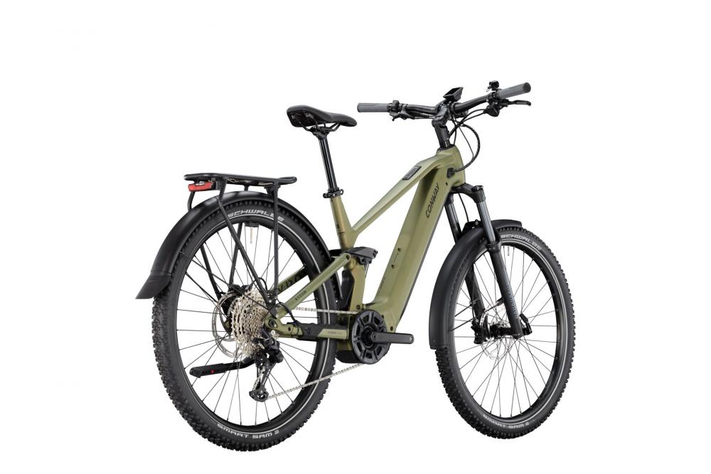 CONWAY Elektro-SUV "Xyron SUV 4.0" (#1), Full Suspension, 29", reseda green matt, 12-Gang SHIMANO "Deore", 40 cm / SnnDas Elektro-SUV ist mit einem Aluminiumrahmen ausgestattet und verfügt über eine Federgabel mit einem Gabelfederweg von 150 mm. Im Rahmen