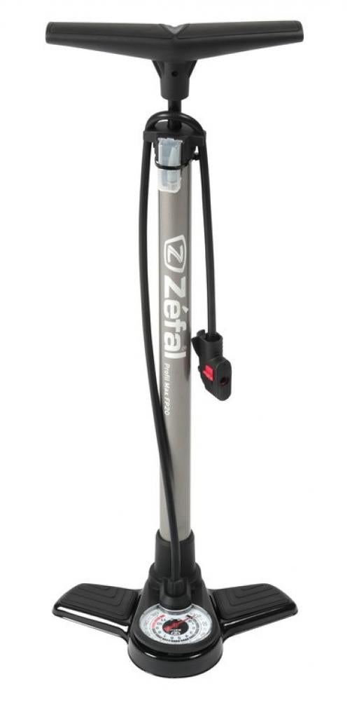 Zefal Standpumpe Profil Max FP20, grau-weiß, mit Manometer und schwarzen Pedalen auf weißem Hintergrund.