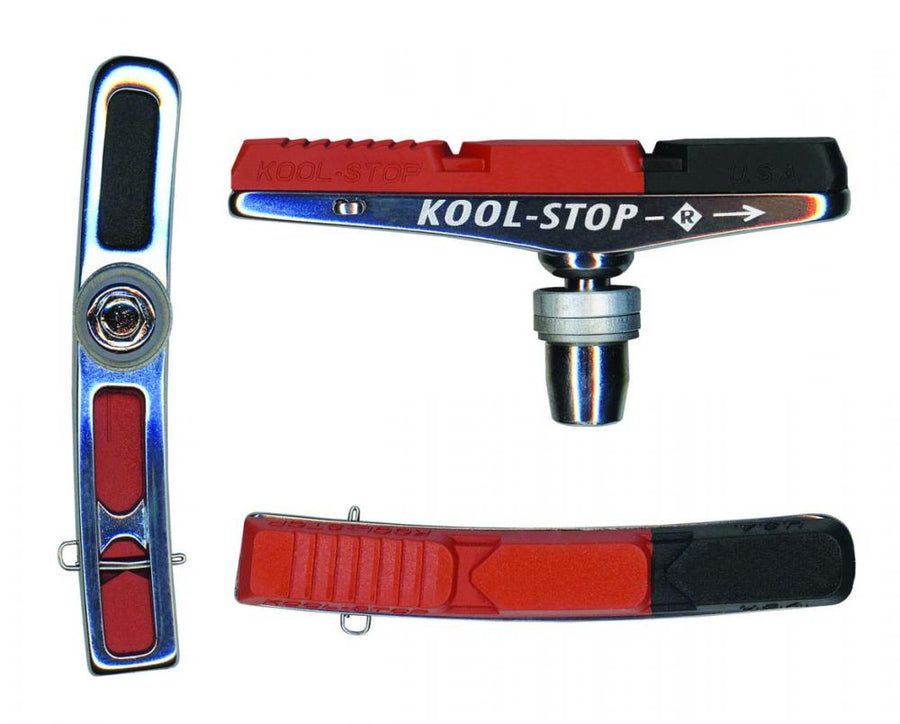 Kool Stop Felgenbremsbelag Bremsschuh E-Bike H 12 V2, rot-schwarze Bremsbeläge und Halterung für Fahrrad.