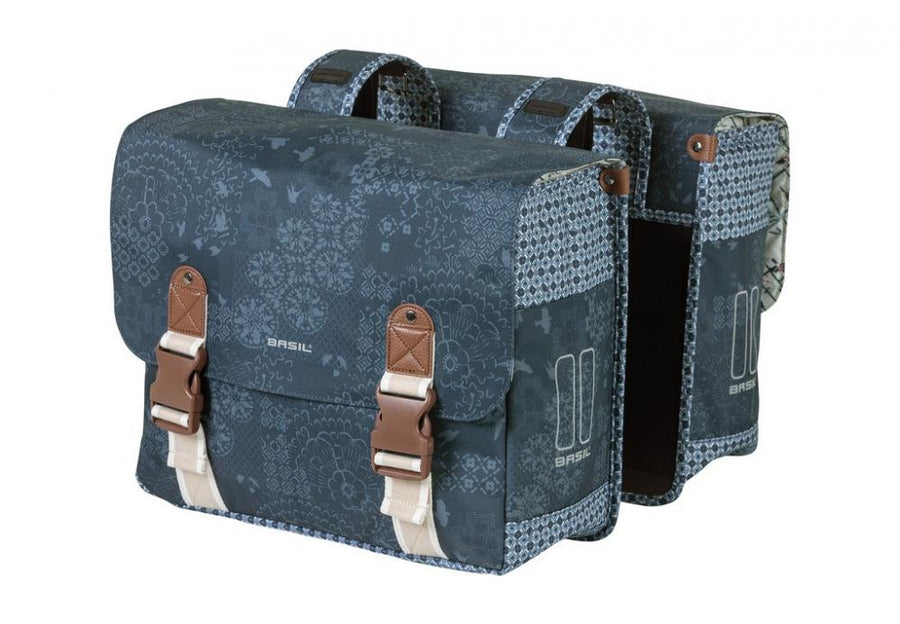 Basil Bohème Doppelte Fahrradtasche, 35 Liter, Blau, wasserabweisend, Reflektordetails, geeignet für E-Bikes, Universal Bridge System