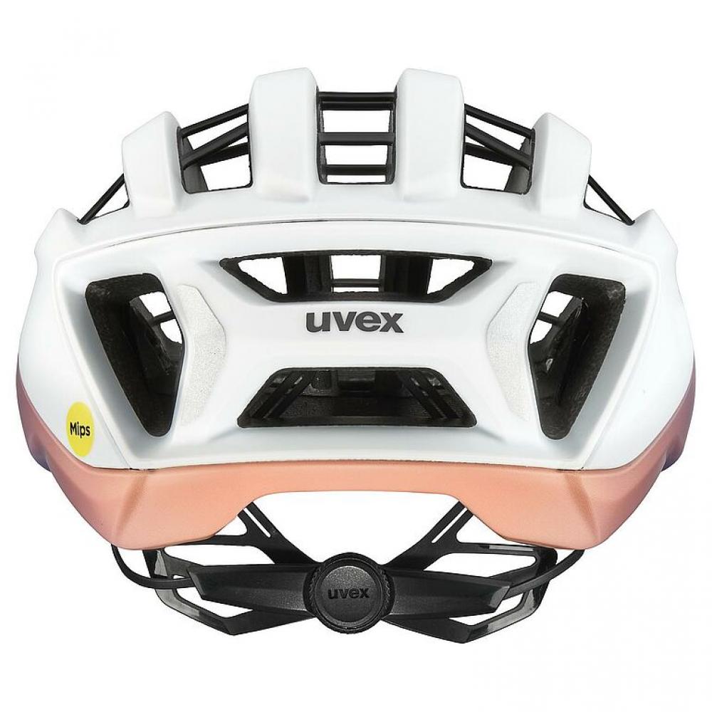 uvex surge aero MIPS Rennradhelm, mit Aero-Cover, MIPS®-Technologie, Brillengarage, reflektierende Details, white-lilac apricot matt, Größe 59-61 cm