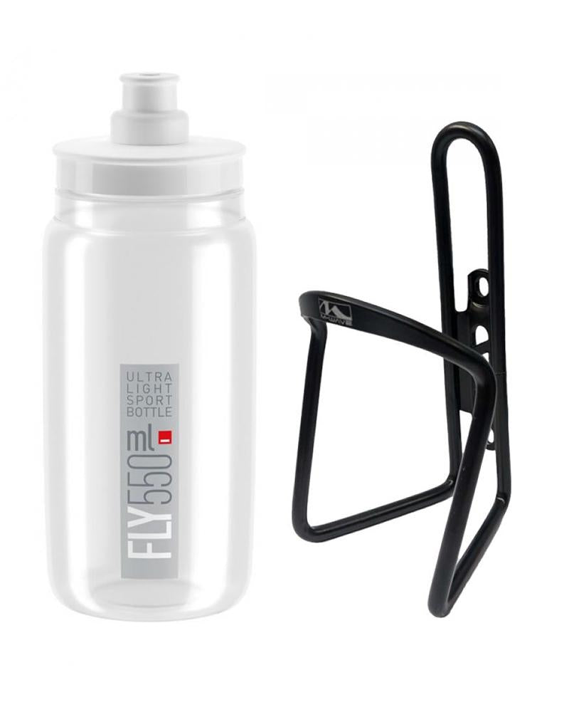 Fahrrad Trinkflasche Elite klar grau 550ml und M-Wave Flaschenhalter schwarz