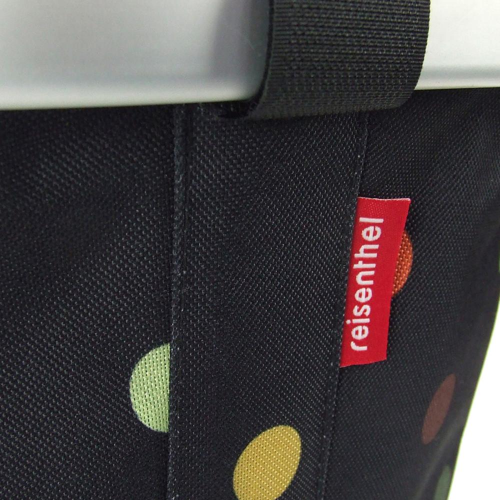 Reisenthel KLICKfix Fahrradtasche Bikebasket, schwarz mit bunten Punkten und Logo.