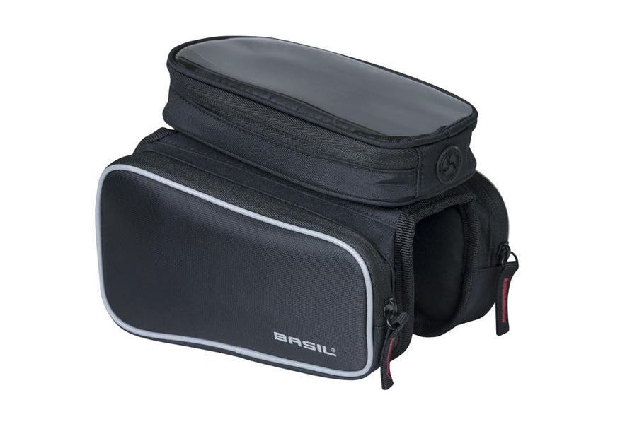 Basil Sport Design Oberrohr-Rahmentasche doppelt - 1,5 Liter, wasserabweisend, Klettbefestigung, Smartphonefach, schwarz