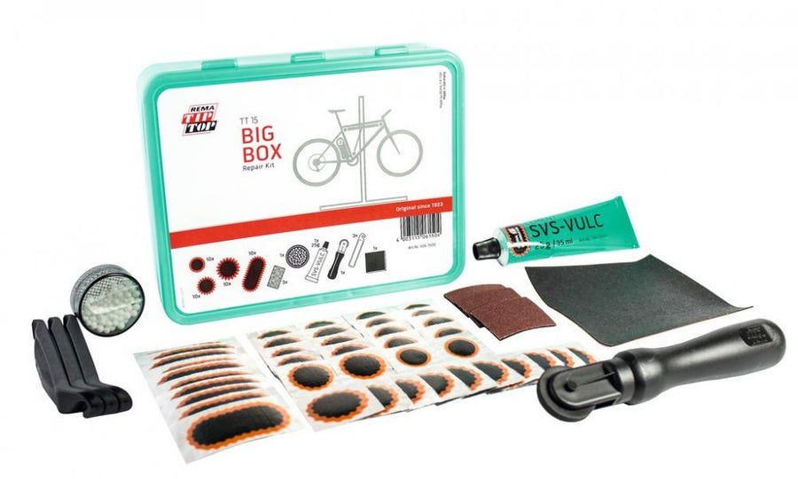 Rema Tip Top TT15 Big Box Fahrrad Reparatur-Sortiment mit Flicken, Vulkanisierflüssigkeit, Reifenhebern und Werkzeug.