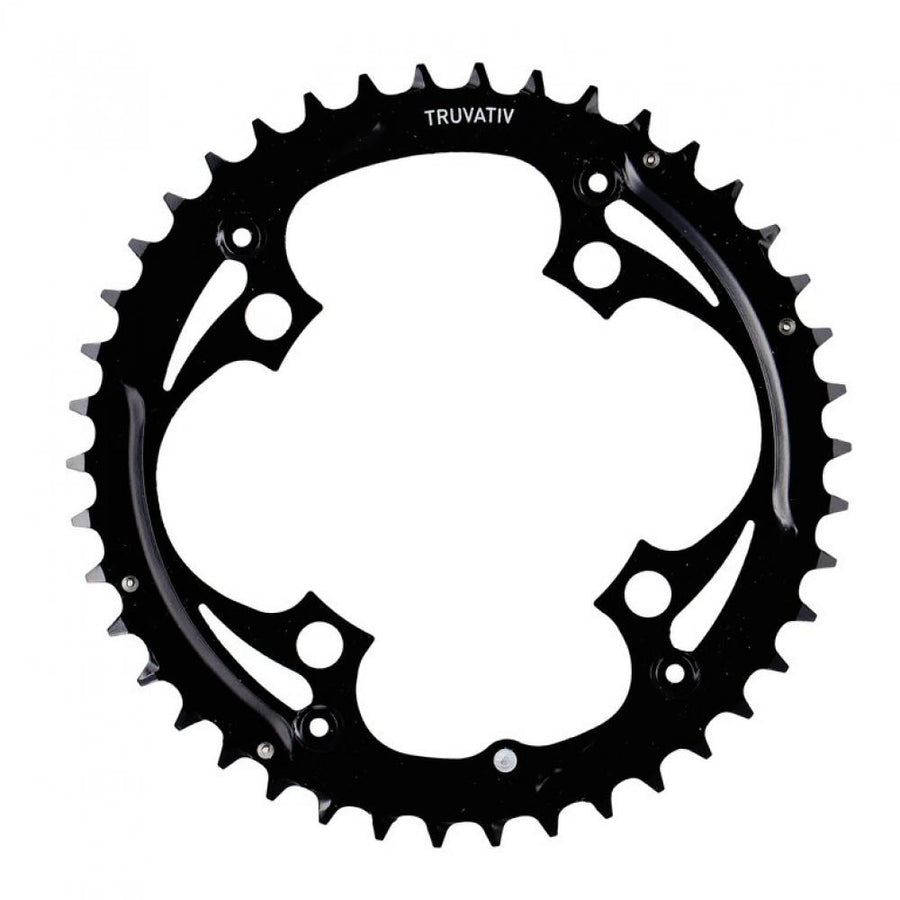 Schwarzes Truvativ Kettenblatt aus Stahl mit 42 Zähnen für 4-Arm-Kurbeln, robustes Fahrrad-Ersatzteil in der Frontansicht.