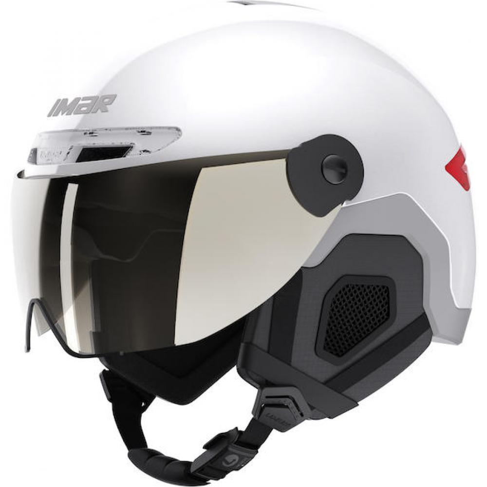Limar Lumiere weißer Urban- & Speed-Pedelec-Helm mit verspiegeltem Visier und Licht.