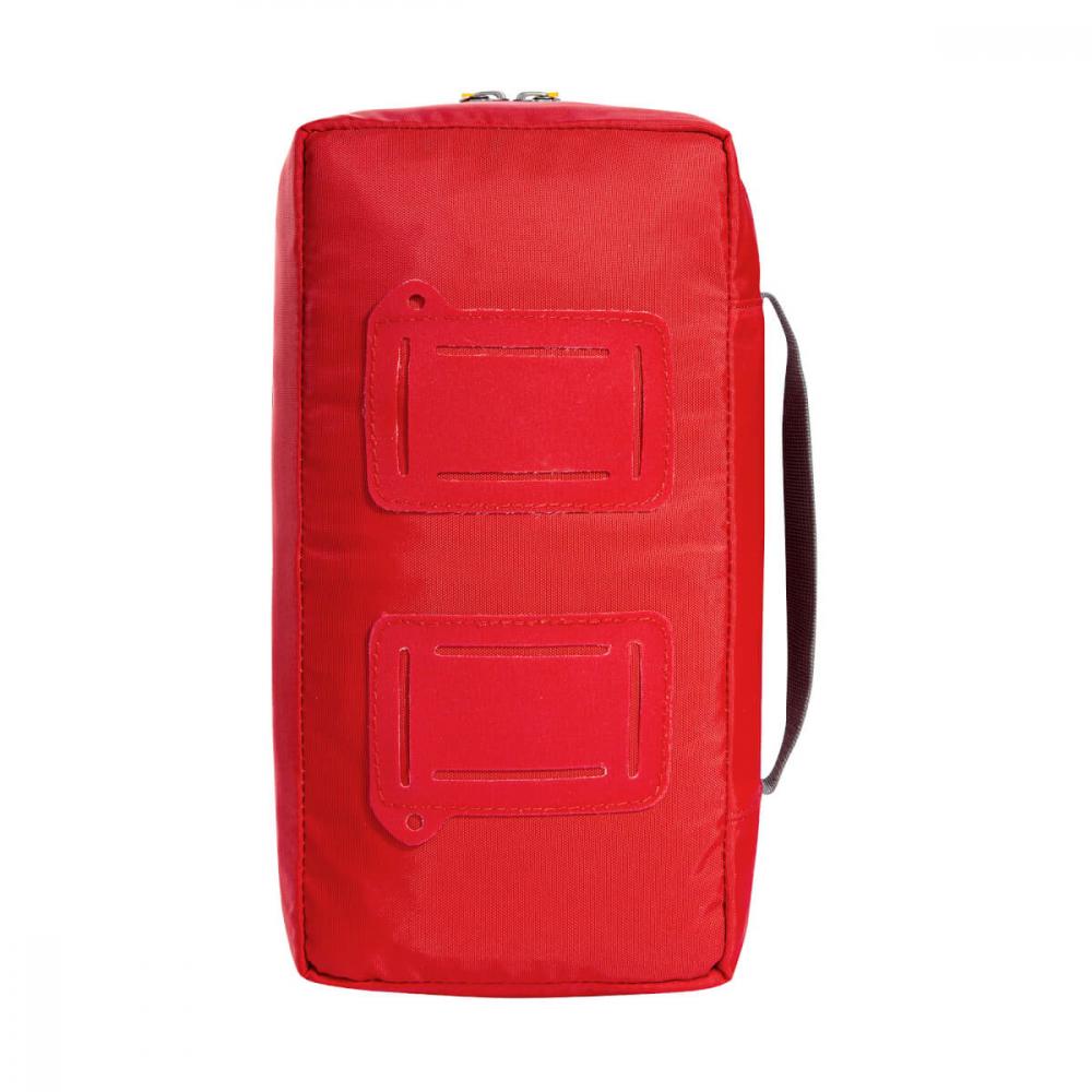Rotes Tatonka First Aid Advanced Erste-Hilfe-Set, rechteckig, mit zwei Befestigungsschlaufen vorne und Tragegriff.