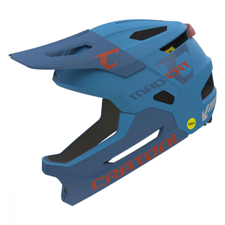CRATONI MadCat MIPS Fullface Kinder-Fahrradhelm blau matt mit Rücklicht und abnehmbarem Kinnbügel.