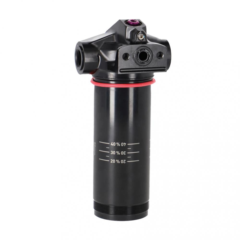 Schwarze ROCKSHOX Eyelet Dämpfer Body Assembly Trunnion 50 Vivid C1+ mit Sag-Markierungen und rotem O-Ring.