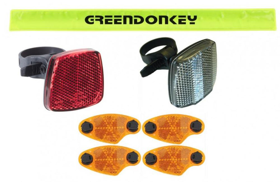 Busch&Müller Reflektor-Set: roter Rückstrahler, weißer Frontstrahler, 4 orange Speichenstrahler, gelbes GREENDONKEY Reflexban