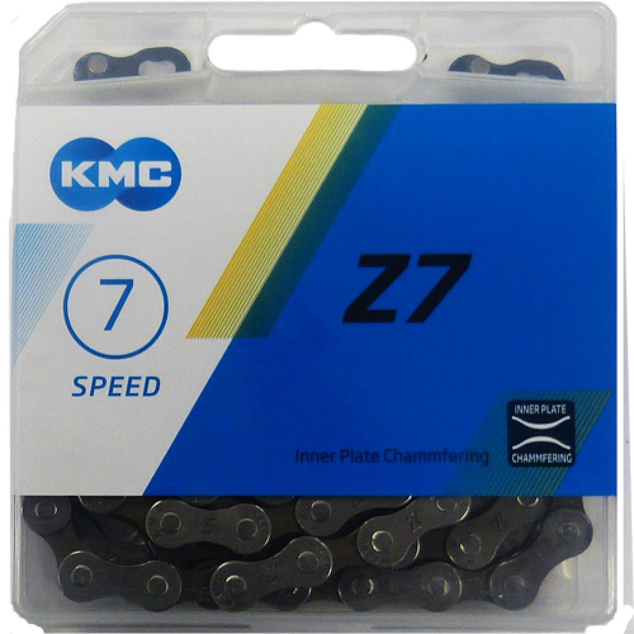 KMC Z7 7-fach Fahrradkette, grau, in Verpackung. Zuverlässige 7-Gang Schaltungskette für Fahrräder.