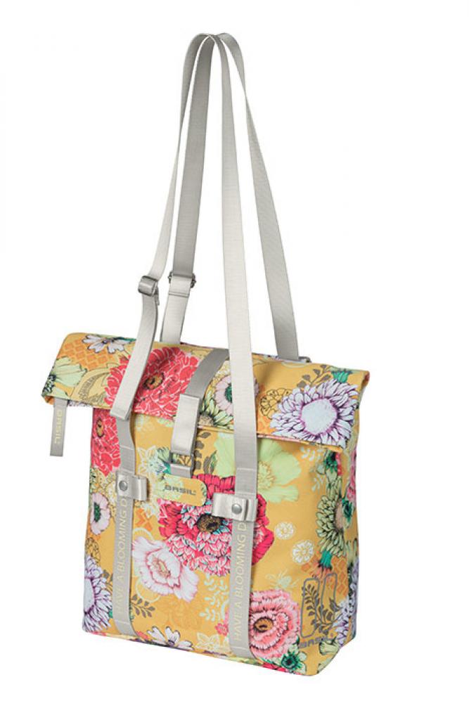 Basil Bloom Field Shopper Honey Yellow Fahrrad-Schultertasche mit Blumenmuster und grauen Tragegurten, 20 Liter.