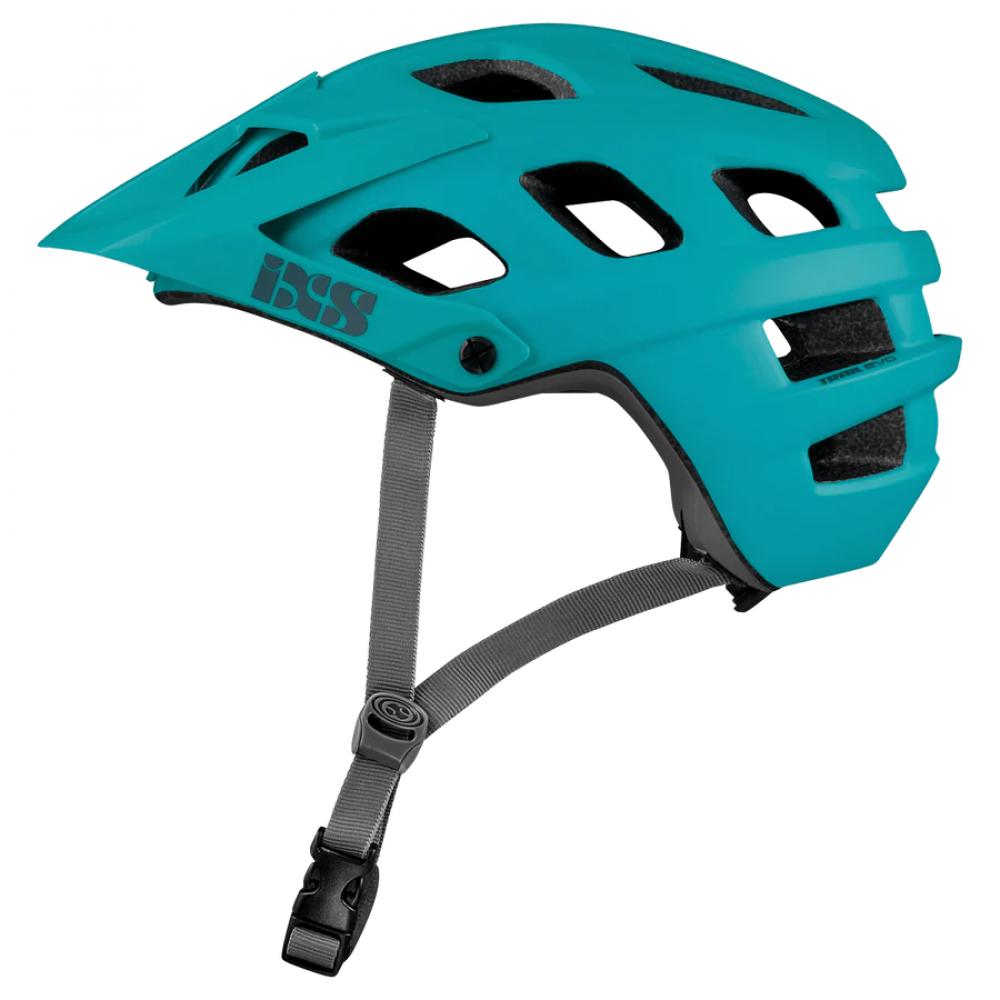 iXS Trail EVO Fahrradhelm in Lagoon Türkis für All-Mountain und Trail, Seitenansicht mit grauen Riemen.