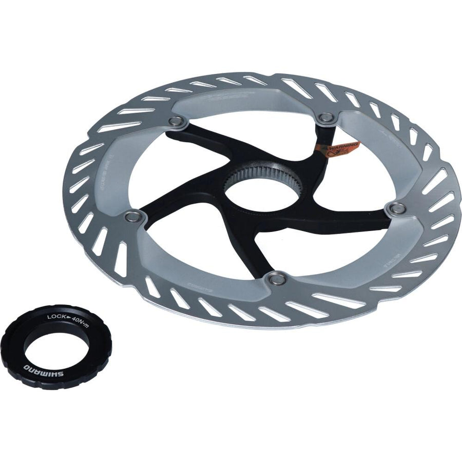 Silber-schwarze Shimano RT-CL800 203mm Fahrrad Bremsscheibe mit Center Lock Ring.