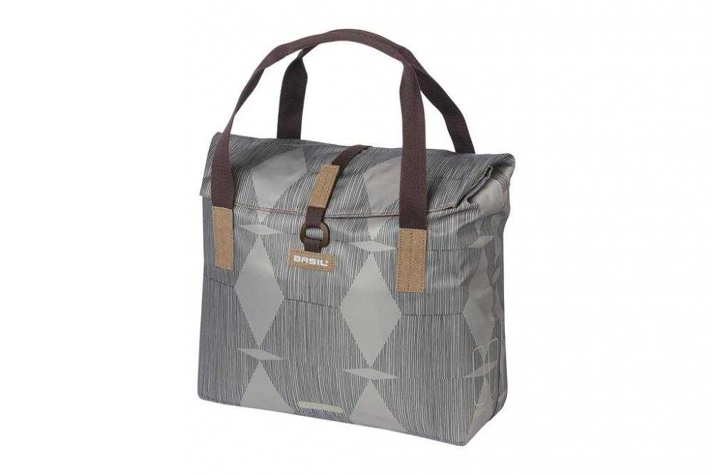 Basil Fahrradshopper Elegance chateau taupe 20-26l. Graue Fahrradtasche mit geometrischem Muster und Tragegriffen.
