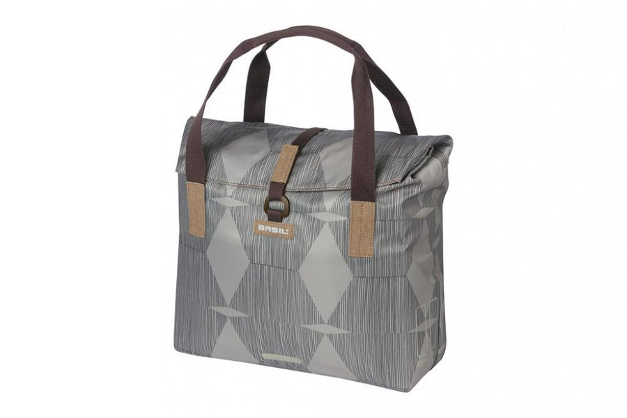 Basil Fahrradshopper Elegance chateau taupe 20-26l. Graue Fahrradtasche mit geometrischem Muster und Tragegriffen.