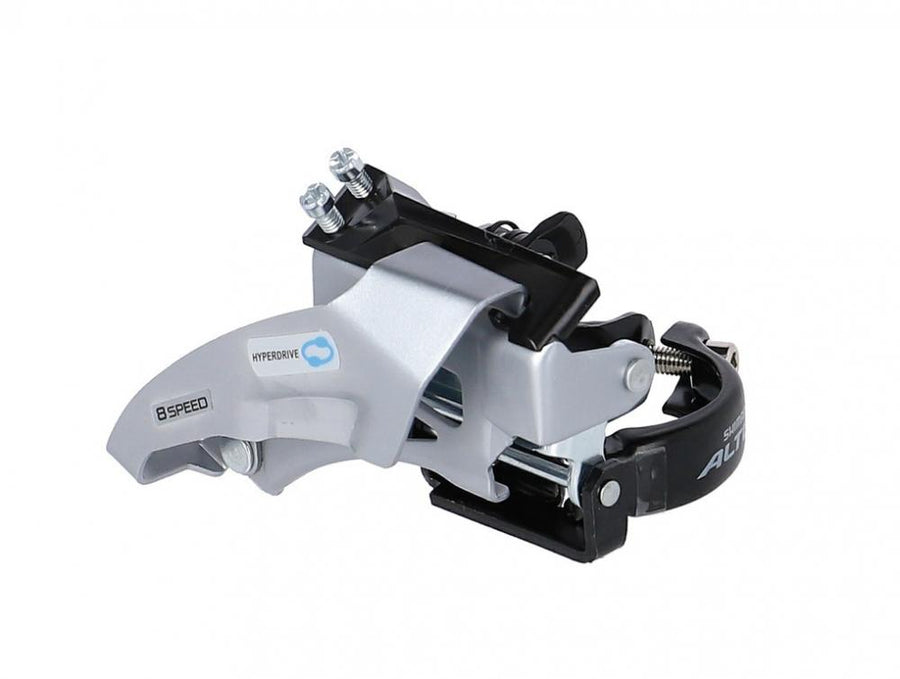 Shimano Altus FD-M315 2-fach 8-Gang MTB Umwerfer, Dual-Pull, silber/schwarz, Schellenmontage.