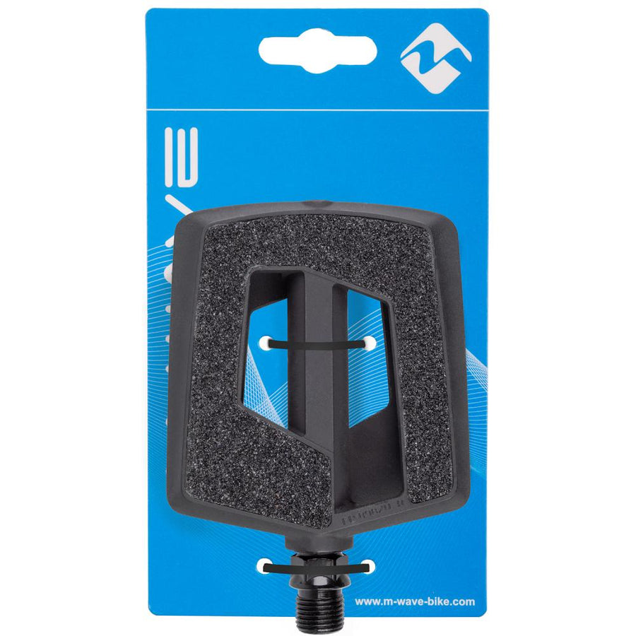 Schwarzes M-WAVE Steady Flat Antirutsch-Fahrradpedal aus Thermokunststoff mit Reflektoren, StVZO geprüft, 96x86x20 mm.