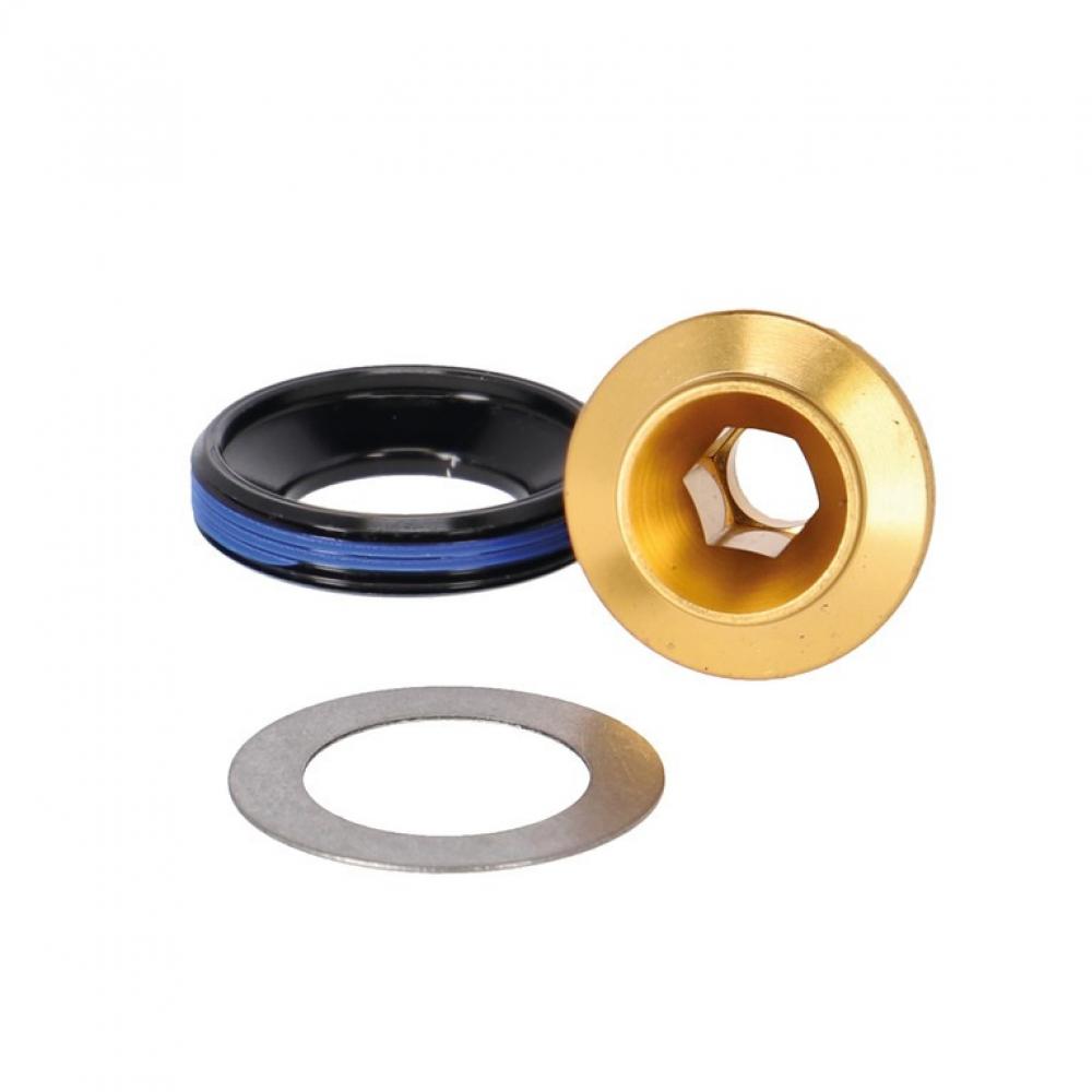 SRAM DUB Kurbelschrauben Kit M18 gold mit Abzieher, Dichtring und Unterlegscheibe.