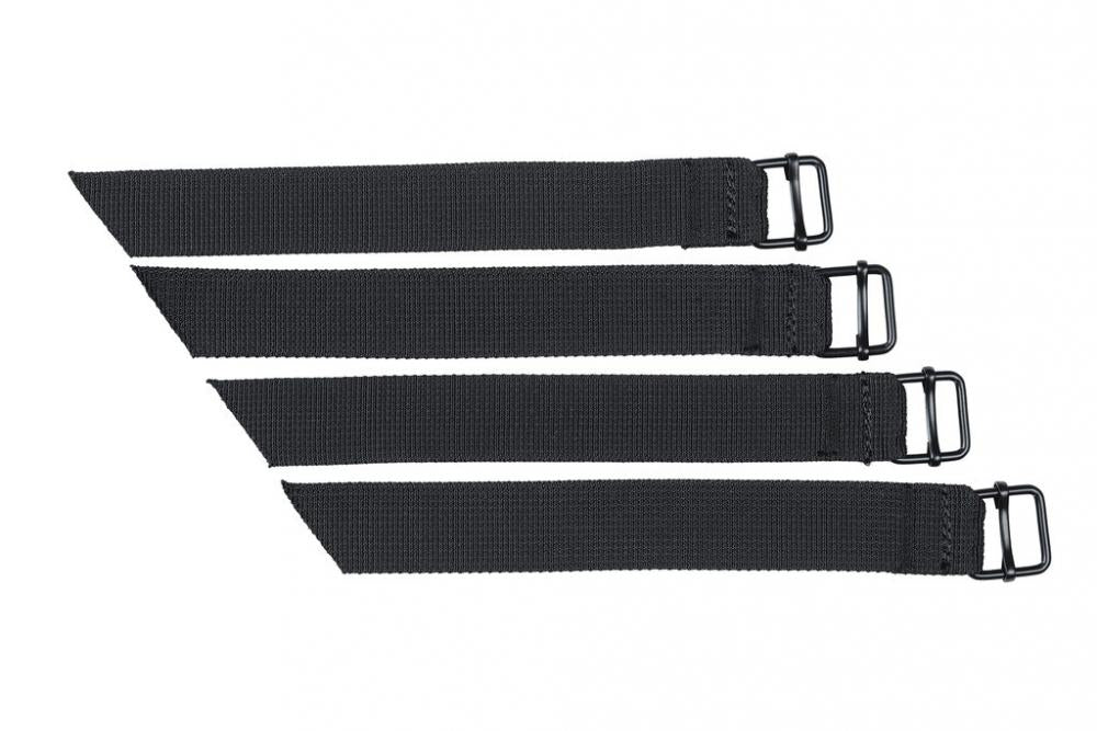 Basil UNIVERSAL BRIDGE SYSTEM STRAPS für Doppeltaschen, vier schwarze Gurte mit D-Ringen auf weißem Hintergrund.