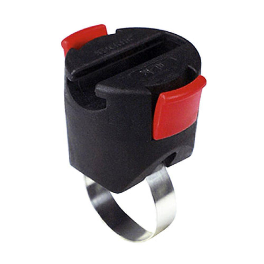KLICKfix Asista Miniadapter Seilschloss, schwarzer Fahrradhalter mit roten Tasten und Metallband.