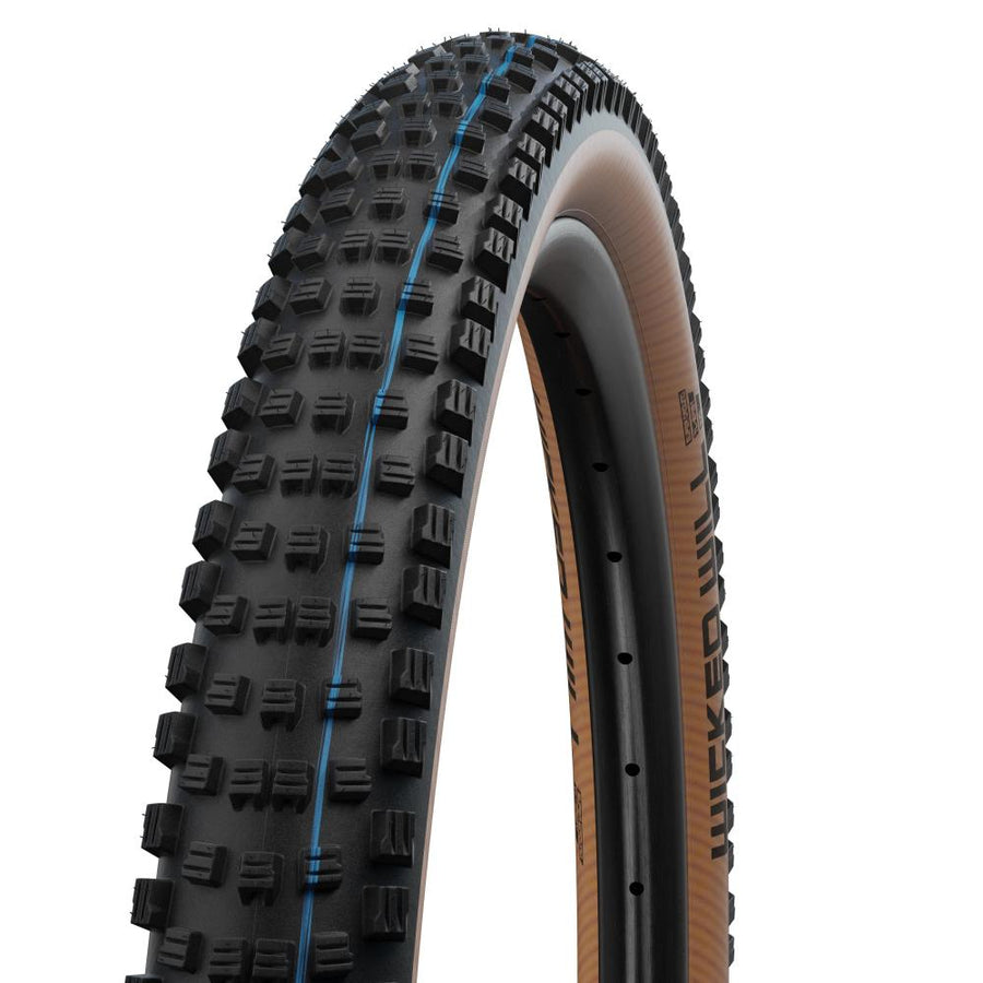 Schwalbe Wicked Will Reifen 27.5x2.40 schwarz-braun, mit markantem Profil und blauen Streifen.