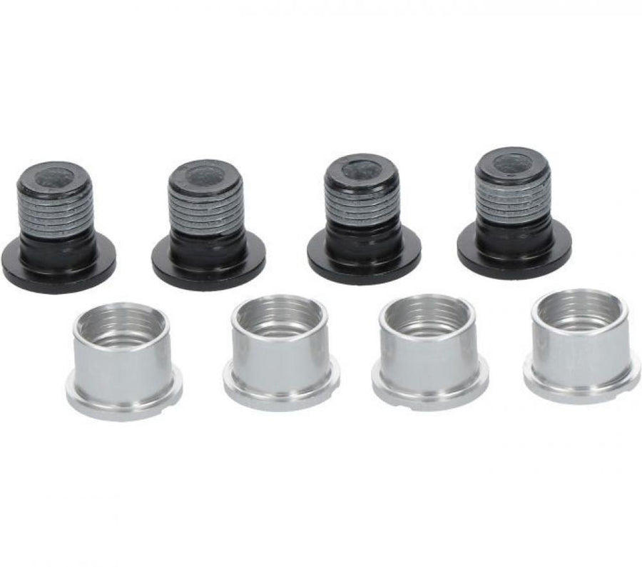 Shimano FC-M6000 Kettenblattschrauben Set mit 4 schwarzen Schrauben und 4 silbernen Hülsenmuttern für das Kettenblatt.