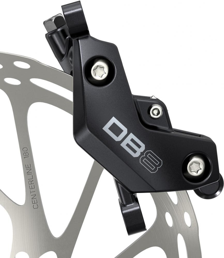 SRAM DB8 Stealth Hinterradbremse: robuste Mineralöl-Scheibenbremse & Centerline 180 Rotor für hohe Bremsleistung.