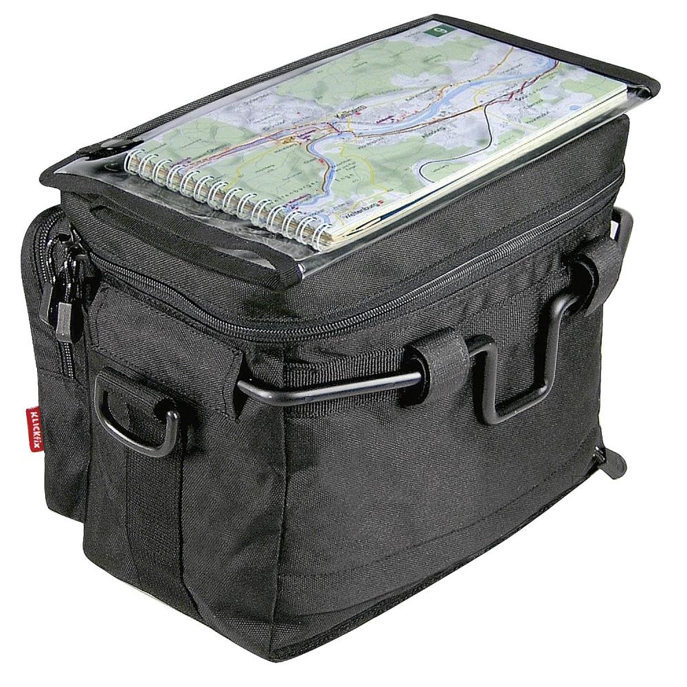 KLICKfix Daypack Lenkertasche schwarz mit transparentem Kartenfach, einer Karte und Reißverschluss.