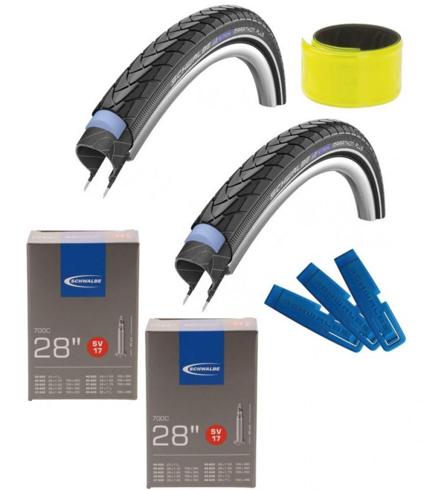 Schwalbe Marathon Plus 28x1.40 Fahrradreifen, 2 SV17 Schläuche, Reifenheber & Reflexband.