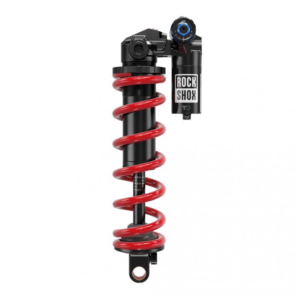 RockShox Vivid Coil Ultimate RC2T C1 Fahrrad-Dämpfer mit roter Feder, Lockout und Trunnion-Mount.