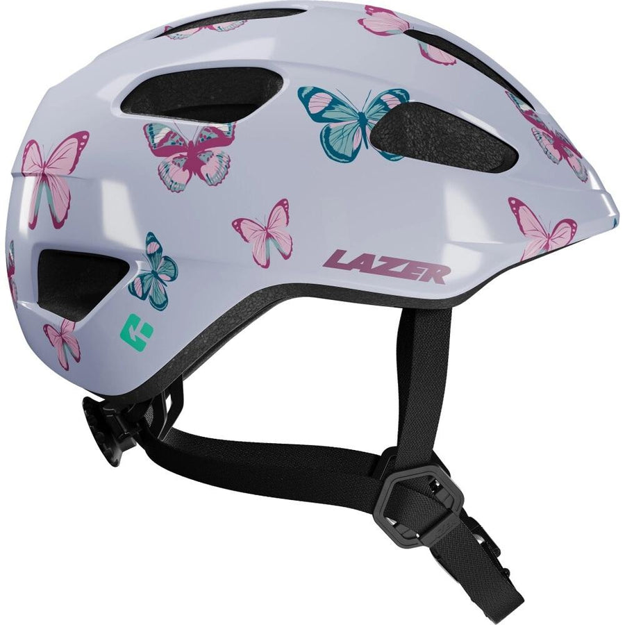 Sicherer LAZER Nutz 2.0 KinetiCore Kinder-Fahrradhelm, hellweiß mit bunten Schmetterlingen, Gr. S.