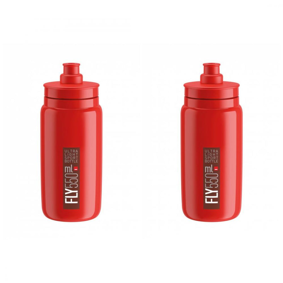 Zwei bordeauxrote Elite Fly 550ml Trinkflaschen für Fahrräder.