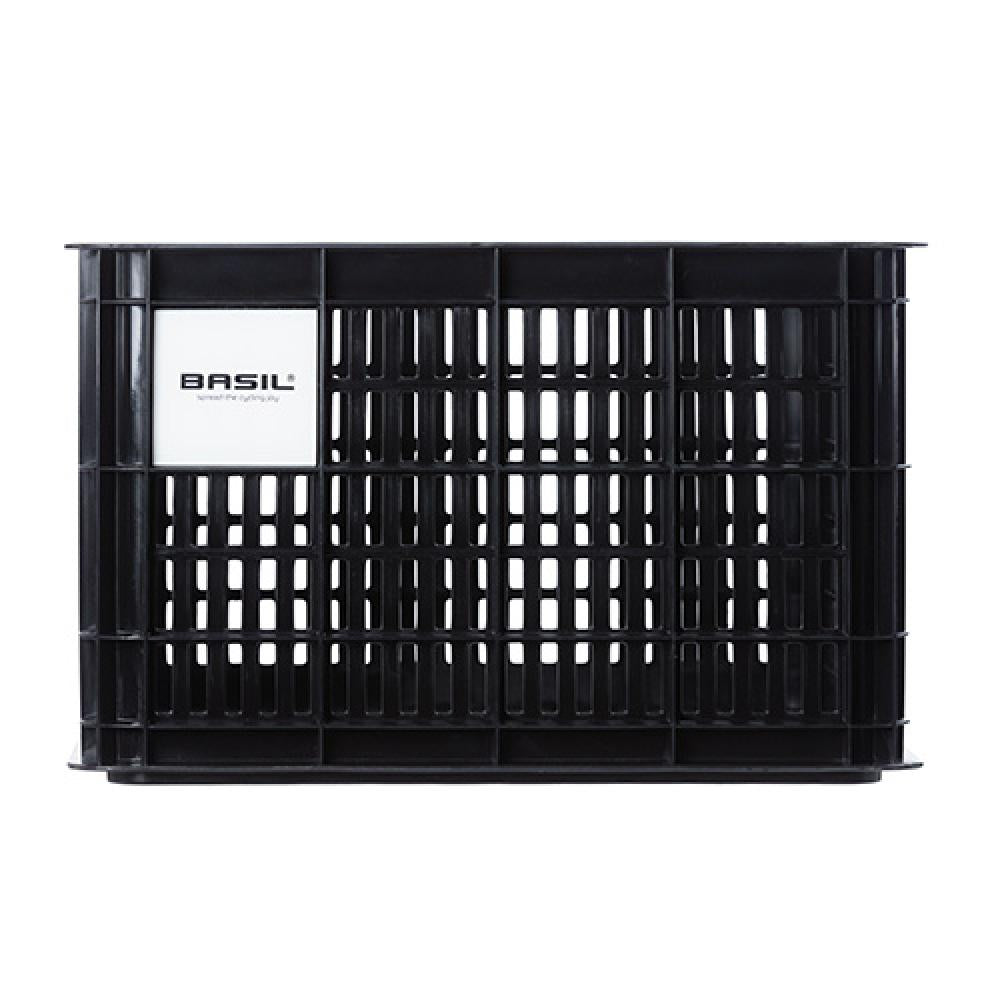 Schwarze Basil Crate M Fahrradkiste 29,5L aus robustem Kunststoff, MIK-System kompatibel, 33x44x25 cm.