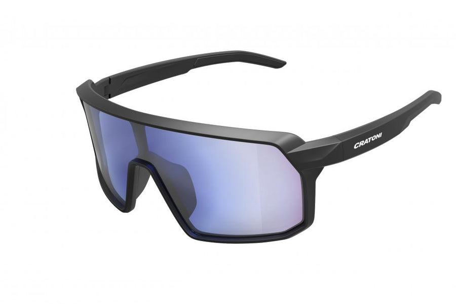Cratoni Skyvision photochromatische Fahrrad-Sonnenbrille matt schwarz mit blau verspiegelten Gläsern.