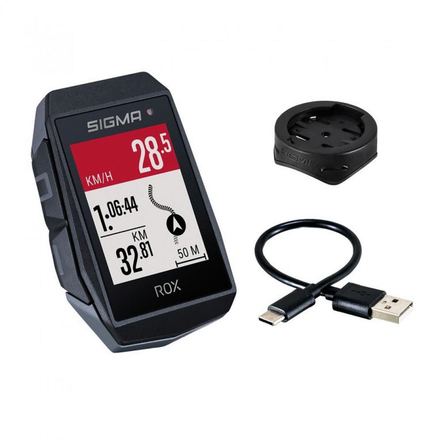 Sigma ROX 11.1 Evo Fahrradcomputer schwarz mit Display, Halterung und USB-Ladekabel abgebildet.