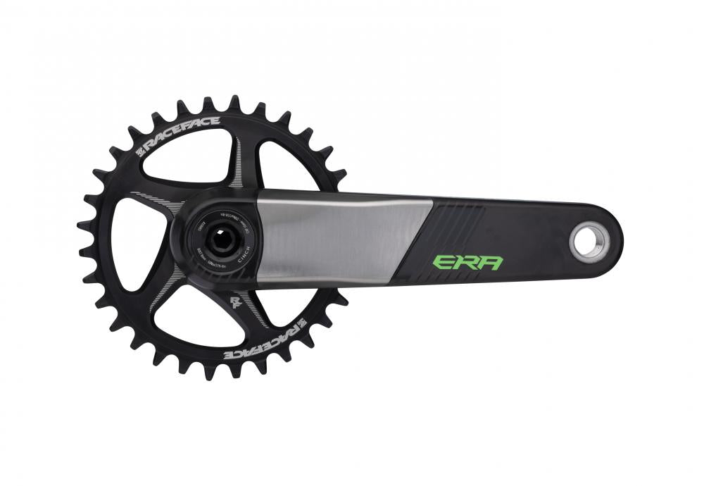 Race Face Era Carbon Kurbel, 170mm, 30mm, grün, High-Performance MTB-Antrieb mit schwarzem Kettenblatt.