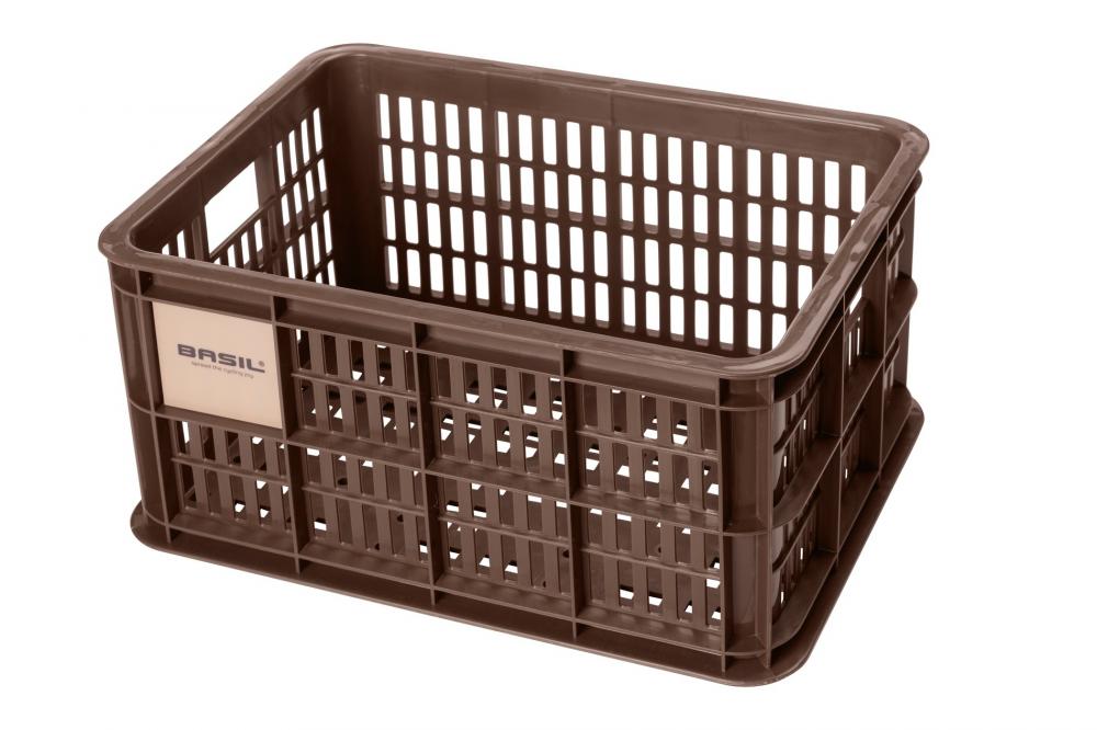 Braune BASIL Crate S Fahrradkiste aus recyceltem Kunststoff (17,5L) für Front-/Heckträger, kompakt und robust.
