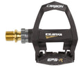 Exustar Pedal Race Carbon E-PR200CKTi, schwarzes Rennradpedal mit goldener Achse.