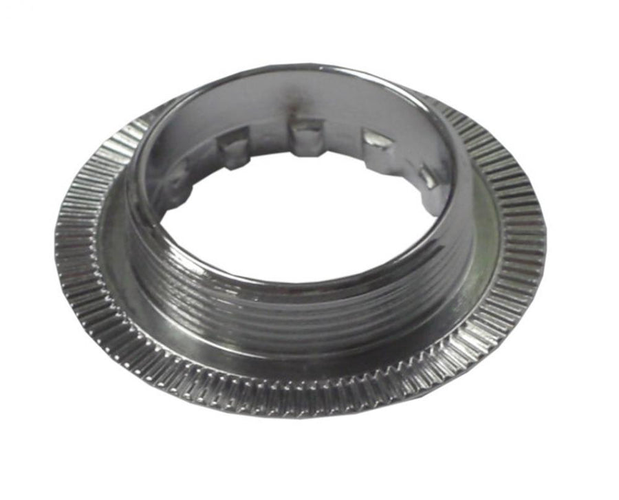 Verschlussring CS-501-R1134407 27x1 für 11 Z. Fahrrad Ritzel. Glänzender Metallring mit Innengewinde und Rändelung.
