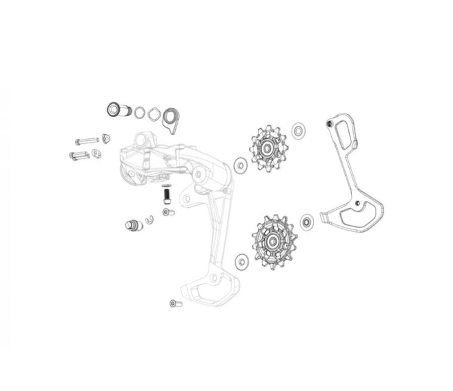 SRAM Rival AXS E1 Schaltwerk Begrenzungsschrauben-Set Explosionszeichnung der Einzelteile.