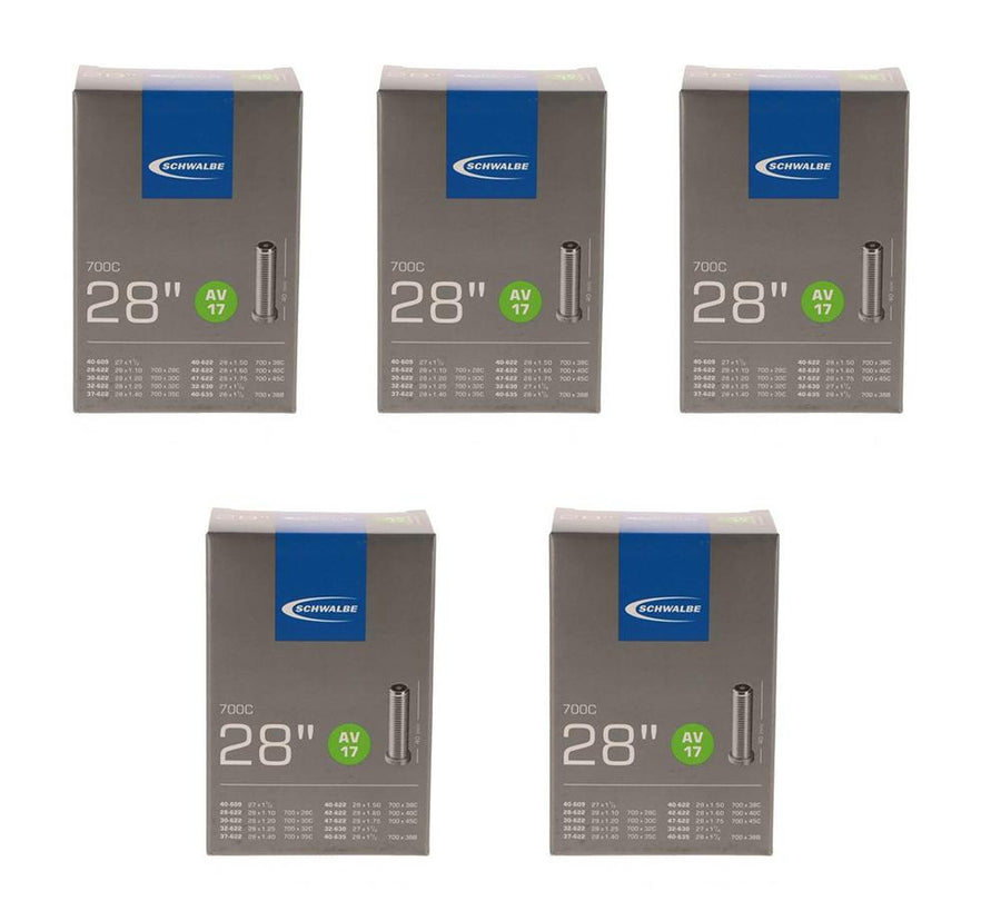 5x Schwalbe Schlauch AV17 28 Zoll, 28/47-622, 40mm Autoventil, fünf Packungen in der Produktansicht.