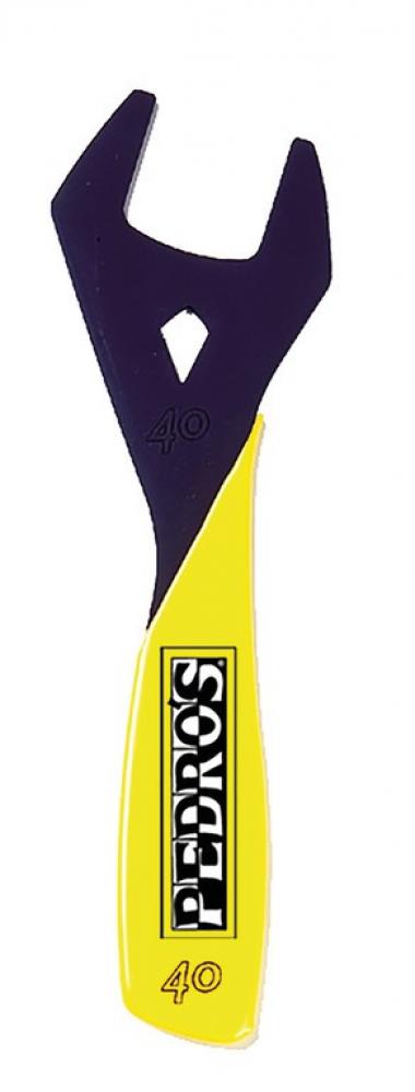 Pedros Steuersatzschlüssel 40 mm, dunkelblau und gelb, mit Pedros-Logo und der Zahl 40.