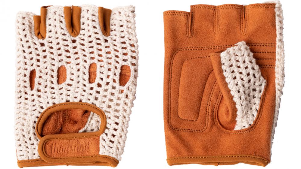 Thousand Little 5 Fahrradhandschuhe Crème, Kurzfinger, Größe S, Vintage-Retro-Design, gehäkelte Baumwolle, veganes Amara-Wildleder, gepolstert, atmungsaktiv
