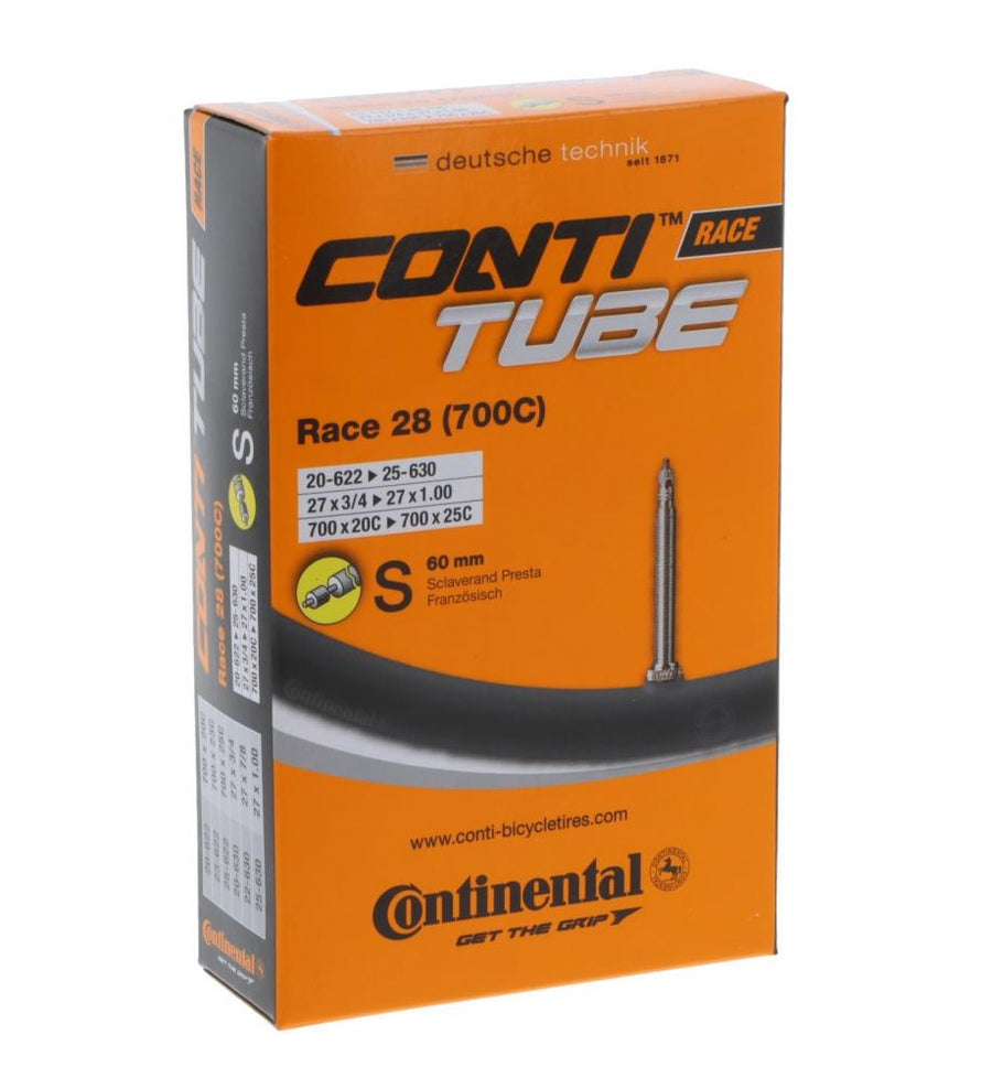 Continental Conti Race 28 Fahrradschlauch 700C mit 60mm Sclaverandventil auf oranger Verpackung.