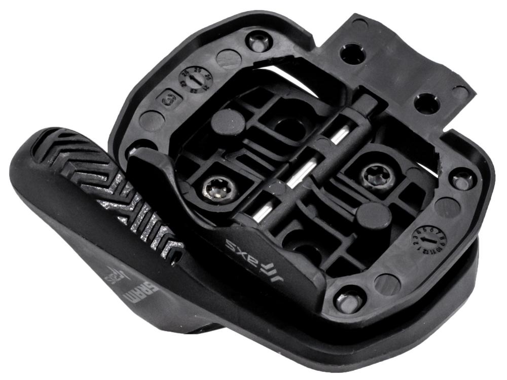 Schwarzer SRAM AXS Controller POD, einzelner rechter Schaltpod, geöffnet mit Innensicht und Einstellzahlen.