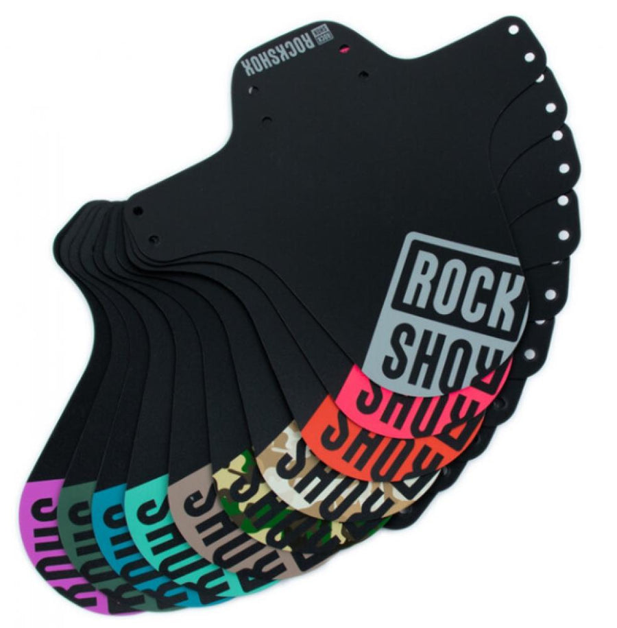 Rockshox VR Steckblech Fender schwarz mit fore green Spitze, in einer Auswahl von Farbvarianten präsentiert.