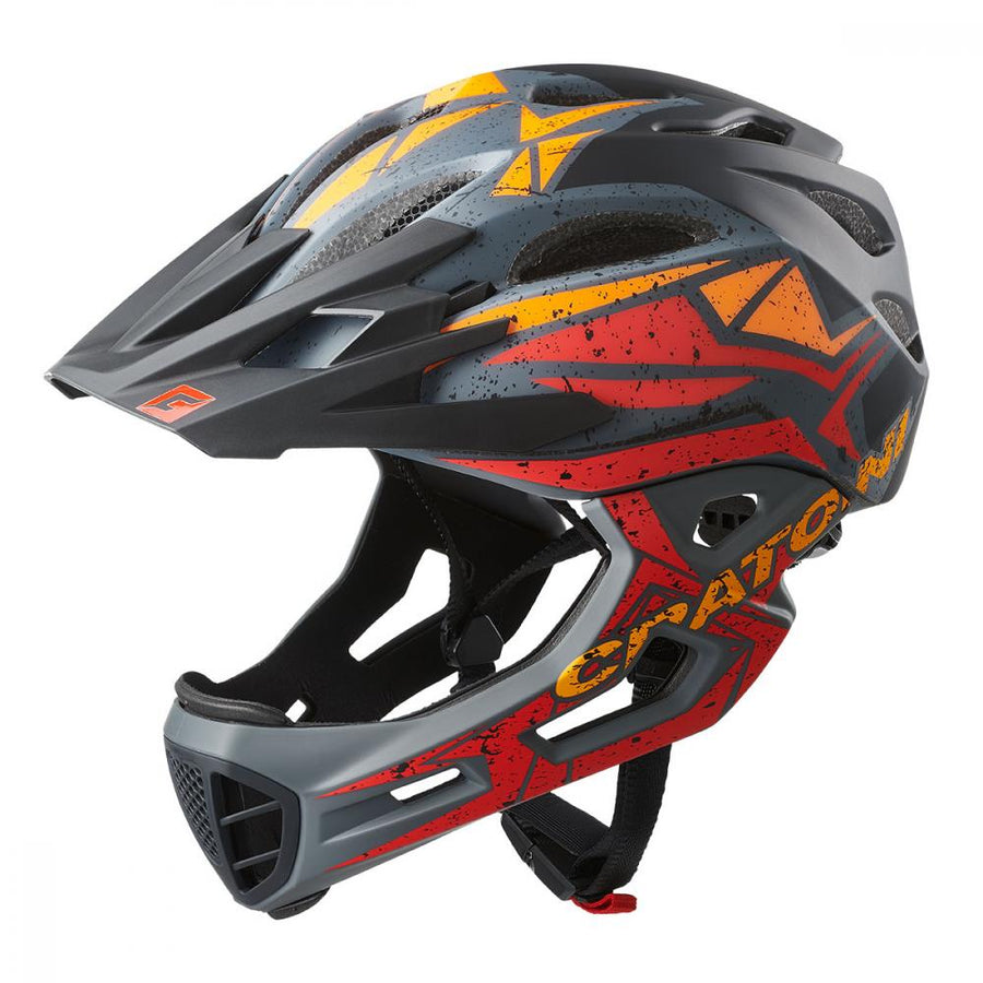 Cratoni C-Maniac Pro MTB-Fahrradhelm, schwarz/rot/orange matt, Größe S/M (52-56 cm), 16 Belüftungsöffnungen, abnehmbares Visier und Kinnbügel