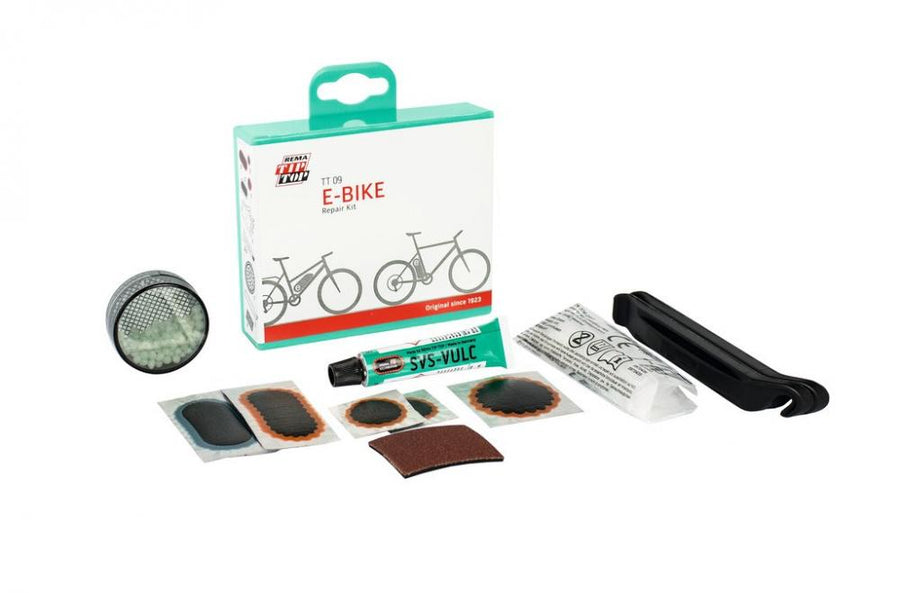 Rema Tip Top TT09 E-Bike Flickzeug-Set mit Lochfinder, Vulkanisierflüssigkeit, Flicken und Reifen-Montierhebel.